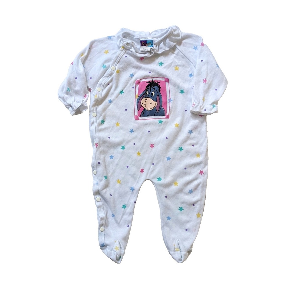 Vintage 90s Disney Pooh Eeyore Star Print Footed Sleeper One Piece White 6 Month